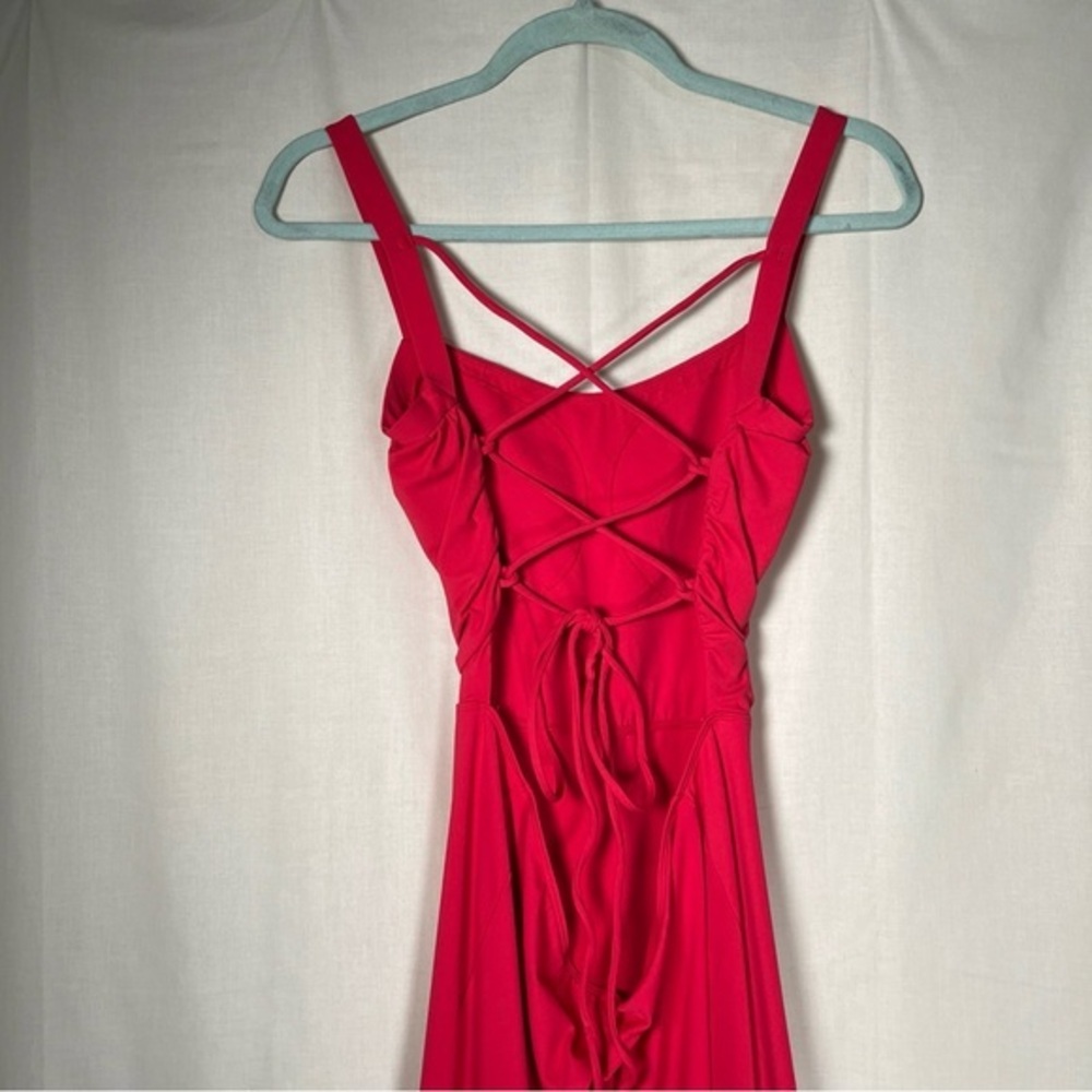 Halara Side Cutout Straight Neckline Red Backless Lace Up Side Slit Dress Size M